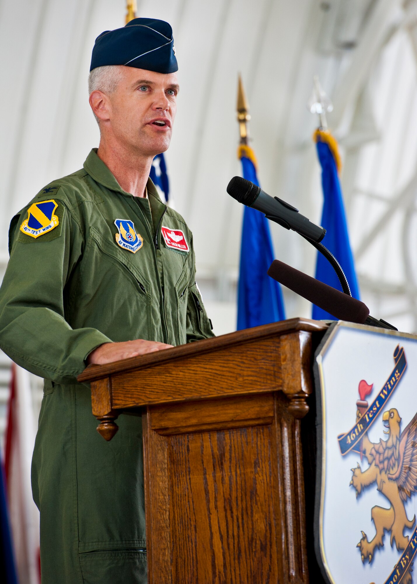 Col. Colin Miller, the new 46th Test Wing commander, addresses his wing and guests at his change of command ceremony July 22 at Eglin Air Force Base, Fla.  (U.S. Air Force photo/Samuel King Jr.)