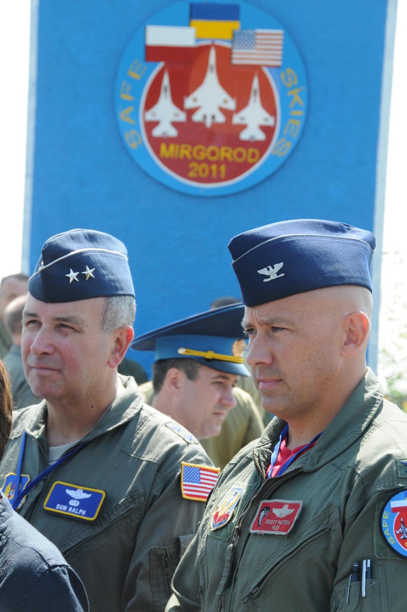 Maj. Gen. Don Ralph and Col. Scott Patten stand at a press conference at Mirgorod Air Base, Ukraine, July 22, during Safe Skies 2011. (U.S. Air Force photo/Maj. Matthew T. Mutti)