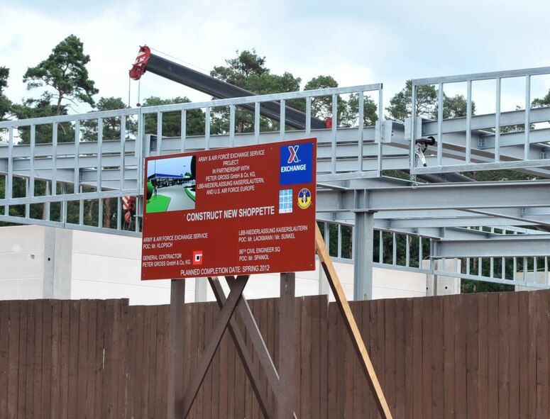 Construction continues on the new shoppette, Ramstein Air Base, Germany, July 25, 2011. The shoppette is scheduled to be completed spring 2012. (U.S. Air Force photo by Senior Airman Caleb Pierce)