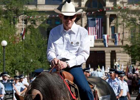 Air Force Chief of Staff Gen. Norton Schwartz rides in the 115th Cheyenne Frontier Days parade as the Grand Marshal July 23, 2011. (U.S. Air Force photo/Matt Bilden)