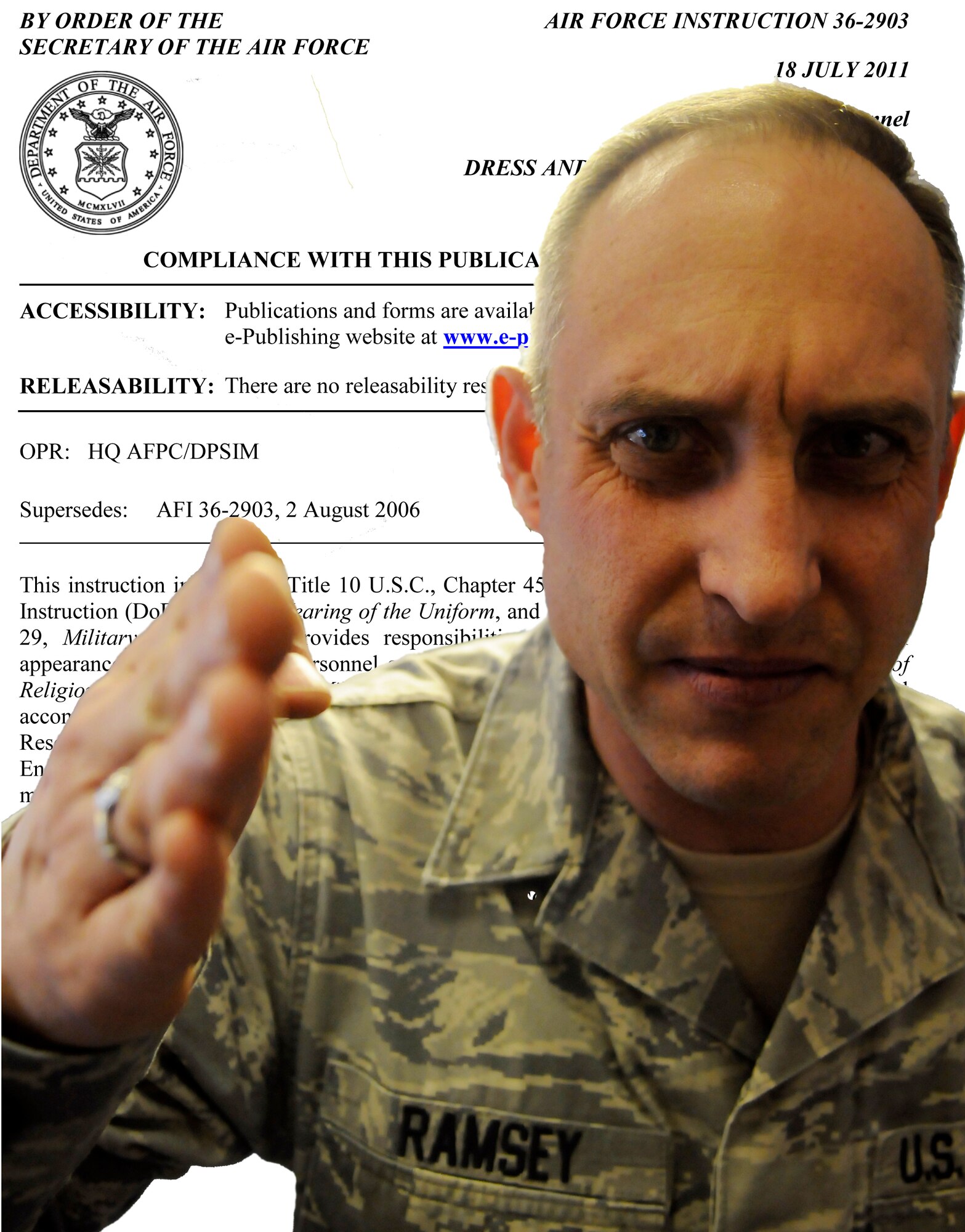 RAF MILDENHALL, England –
Team Mildenhall first sergeants remind Airmen to comply with Air Force Instruction 36-2903, Dress and Personal Appearance. A new revision to the AFI was released July 18, 2011. (U.S. Air Force illustrative photo/Tech. Sgt. Kevin Wallace) 
