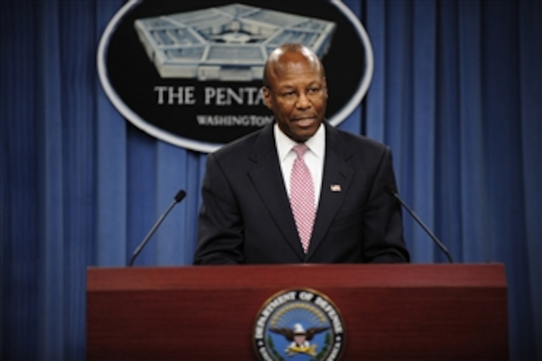 Under Secretary of Defense for Personnel and Readiness Clifford Stanley makes opening remarks at a press conference to announce that the President, the Secretary of Defense and the Chairman of the Joint Chiefs of Staff have certified to Congress that the Services are prepared for the implementation of the repeal of 10 U.S.C. 654, the law commonly known as "Don't Ask, Don't Tell."  