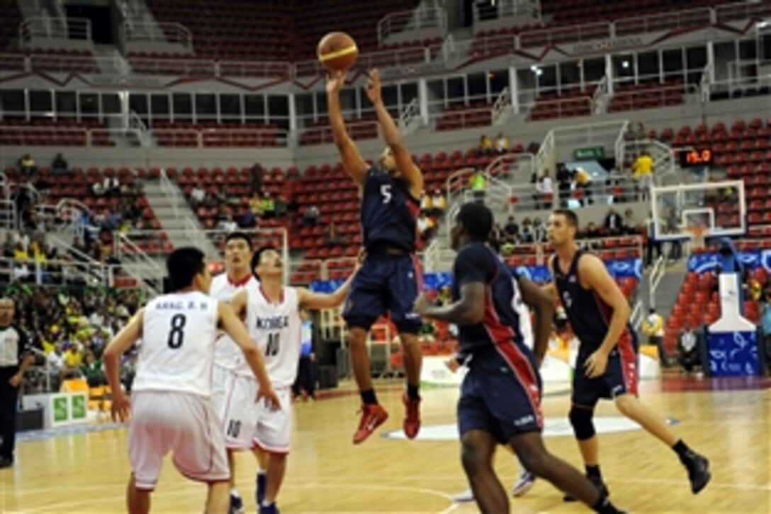 Air Force Capt. Matthew McCraw scores 34 points to lead Team USA to an 84-83 victory over South Korea for the bronze medal in men's basketball at the 5th International Military Sports Council's World Games in Rio de Janeiro, July 24. 2011. 