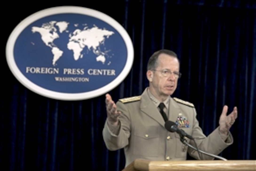 Navy Adm. Mike Mullen, chairman of the Joint Chiefs of Staff, addresses the media during a press briefing at the Foreign Press Center in Washington, D.C., July 25, 2011. Mullen briefed reporters on U.S. national security strategy priorities for the Asia-Pacific region.