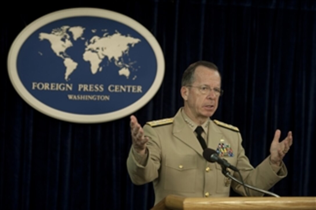 Chairman of the Joint Chiefs of Staff Adm. Mike Mullen addresses the media during a press briefing at the Foreign Press Center in Washington, D.C., on July 25, 2011.   