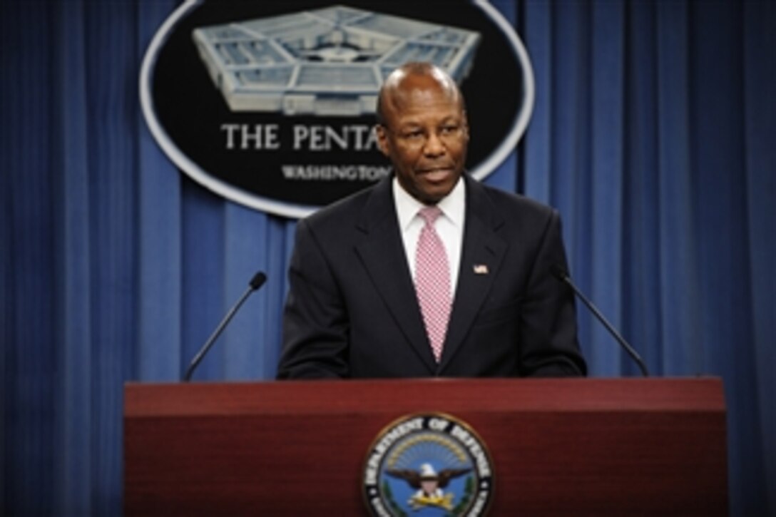 Under Secretary of Defense for Personnel and Readiness Clifford Stanley makes opening remarks at a press conference to announce that the President, the Secretary of Defense and the Chairman of the Joint Chiefs of Staff have certified to Congress that the Services are prepared for the implementation of the repeal of 10 U.S.C. 654, the law commonly known as "Don't Ask, Don't Tell."  