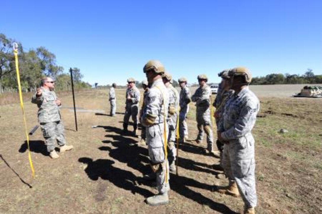 Master Sgt. Justin Papalia, from Tampa, Fla., deployed with the 36th Contingency Response Group here explains static line procedures during Talisman Sabre 2011. Talisman Sabre 2011 is an exercise designed to train U.S. and Australian forces to plan and conduct combined task force operations to improve combat readiness and interoperability on a variety of missions from conventional conflict to peacekeeping and humanitarian efforts. (Photo by Sara Csurilla)
