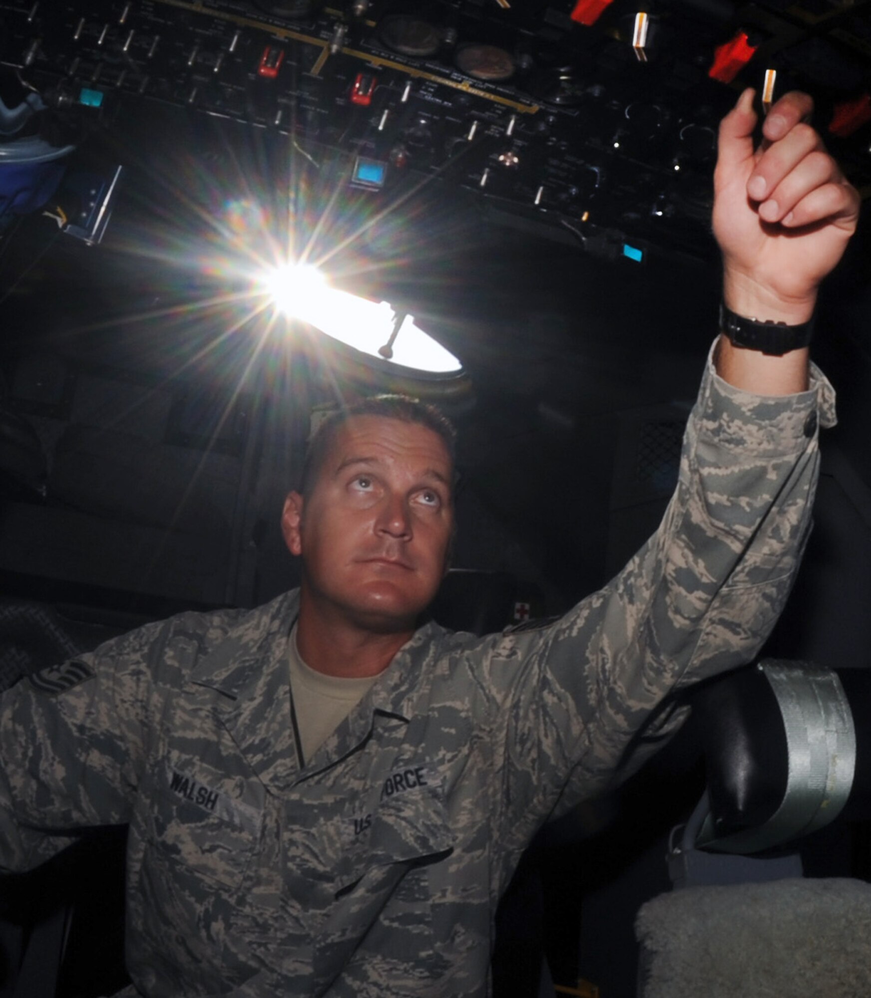 Tech. Sgt. Nathan Walsh, a 314th Aircraft Maintenance Squadron aerospace maintenance craftsman, performs a pre-flight inspection on a C-130 in preparation for the Air Mobility Rodeo, July 18,2011, at Little Rock Air Force Base, Ark. Rodeo 2011, sponsored by the AMC, is the Mobility Air Force's readiness competition. This competition focuses on improving worldwide air mobility forces' professional core abilities. (U.S. Air Force photo by Airman 1st Class Rusty Frank)