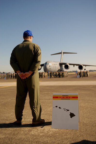 Maj. Anthony Gurrieri, the 15th Wing Team Chief for Hickam’s 2011 Air Mobility Rodeo team, stands prepared for a pass and review during opening ceremonies at  Joint Base Lewis-McChord, Wash., July 24. The Rodeo is a readiness competition focused on improving worldwide air mobility forces' professional core abilities. (U.S. Air Force photo/Staff Sgt. Carolyn Herrick)