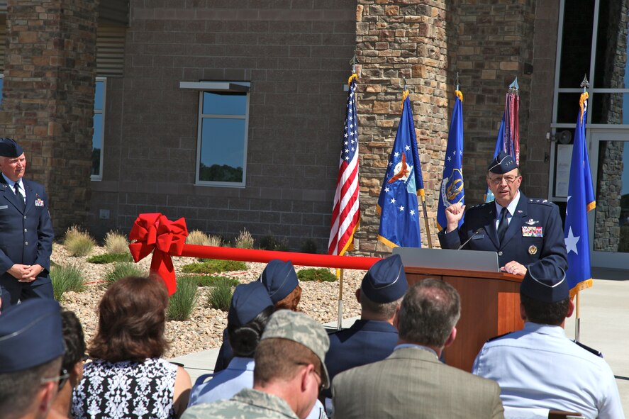 Lt. Gen. Charles E. Stenner, commander of Air Force Reserve Command, speaks during the Air Reserve Personnel Center Headquarters Building ribbon cutting July 19. The event officially opened the new 80,000 square-foot, headquarters building at Buckley Air Force Base. (U.S. Air Force photo/ Quinn Jacobson, ARPC/PA)