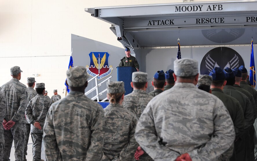 U.S. Air Force Lt. Col. Ronald Stuewe, 23rd Fighter Group commander, gives thanks to members of the 23rd FG for their outstanding job and gives a few words of encouragement for the upcoming years during a change of command ceremony at Moody Air Force Base, Ga., July 26, 2011. Stuewe has flown over 3, 000 hours and over 520 combat hours on the A-10 Thunderbolt.  (U.S. Air Force photo by Senior Airman Stephanie Mancha/Released)
