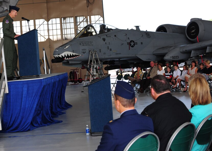 U.S. Air Force Col. Billy Thompson, 23rd Wing commander, talks about the mission of the 23rd Fighter Group during the 23rd FG change of command ceremony at Moody Air Force Base, Ga., July 26, 2011. The 23rd FG is the largest combat-coded A-10 fighter organization in the Air Force, consisting of two combat-ready A-10C squadrons and an operations support squadron. (U.S. Air Force photo by Senior Airman Stephanie Mancha/Released)