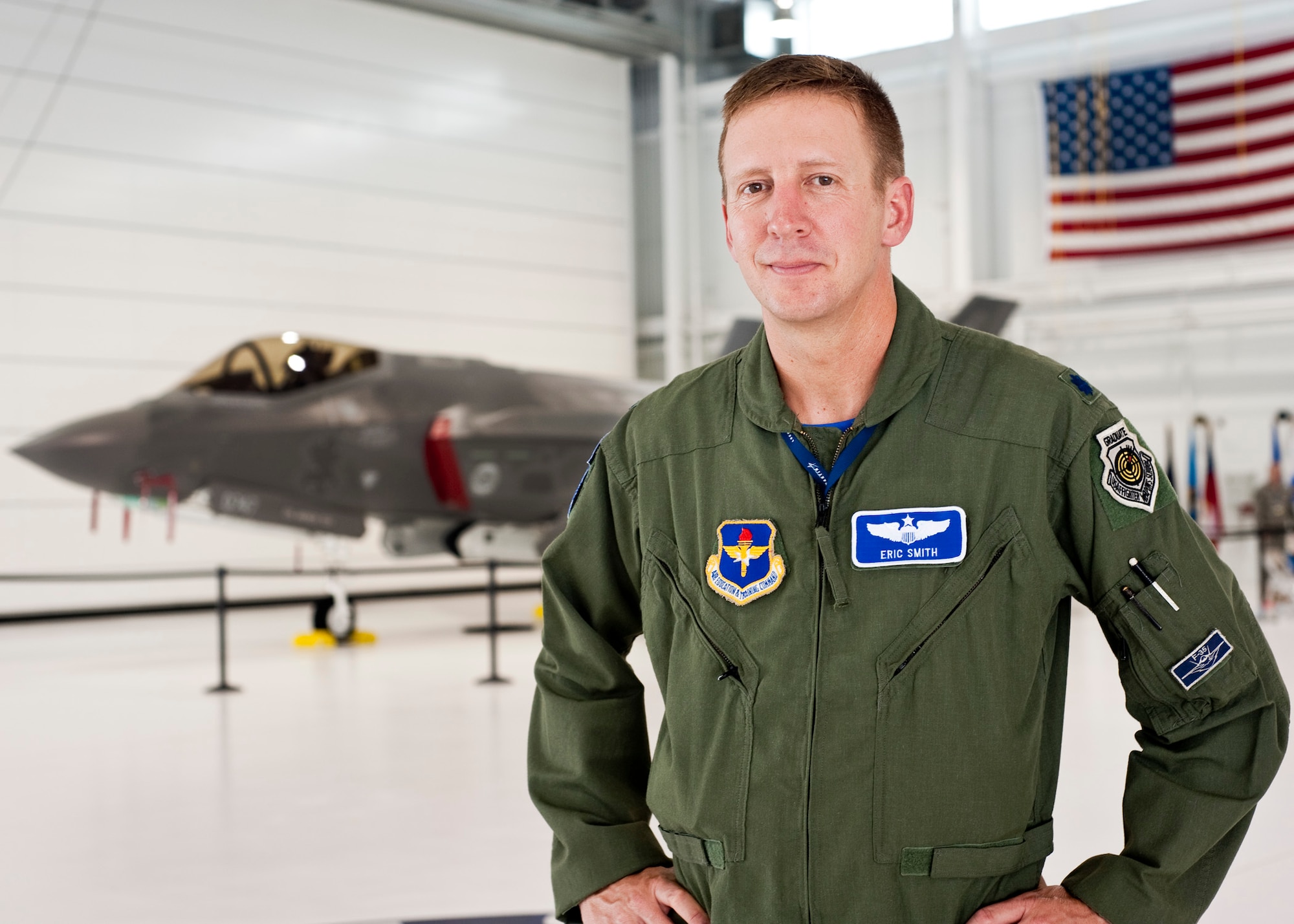 Lt. Col. Eric Smith, operations director for the 58th Fighter Squadron, is the first Air Force pilot certified to fly the F-35 Lightning II joint strike fighter.  He delivered the first aircraft to Eglin Air Force Base, Fla., July 14.  (U.S. Air Force photo/Chrissy Cuttita)