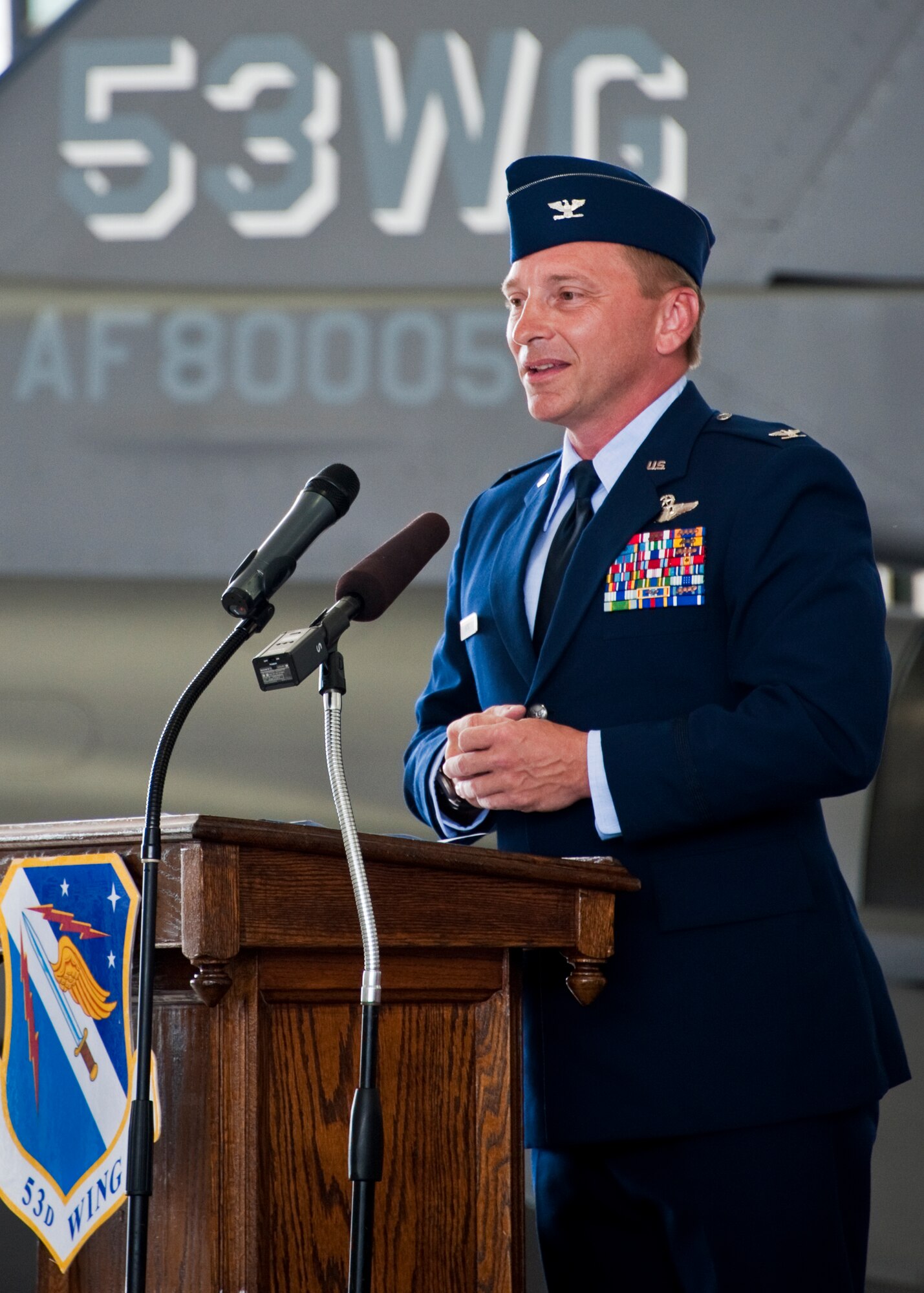 Col. David Hicks, the new commander for the 53rd Wing, addresses the audience during his change of command ceremony at Eglin Air Force Base, Fla., July 26.  Col. David Hicks, a command pilot in the A-10, took command of the wing from Col. Michael Gantt.  (U.S. Air Force photo/Samuel King Jr.)