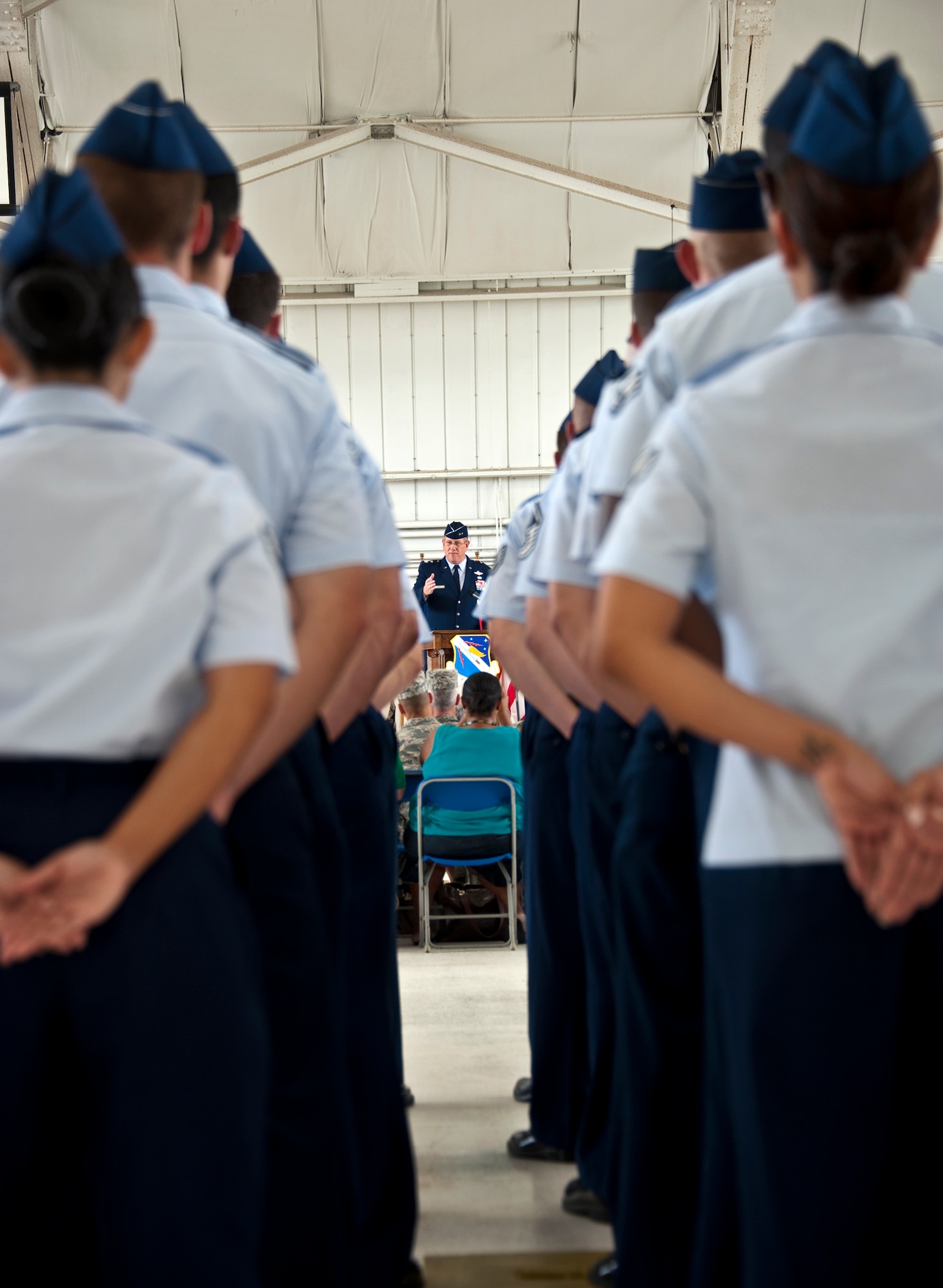 Maj. Gen. James Hyatt, the U.S. Air Force Warfare Center commander, addresses the 53rd Wing during the wing’s change of command ceremony at Eglin Air Force Base, Fla., July 26.  Col. David Hicks took command of the wing from Col. Michael Gantt.  (U.S. Air Force photo/Samuel King Jr.)