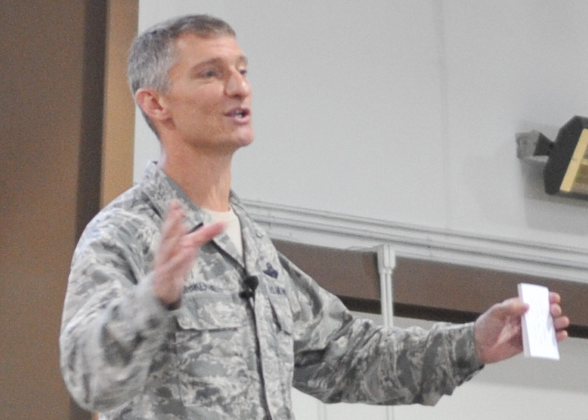 Col. Patrick T. McKenzie, 51st Fighter Wing commander, speaks to Airmen of the 51st FW and explains to them that “They matter”. Col. McKenzie also explained that his job is to make sure that every Airman of the 51 FW is properly trained and motivated. (U.S. Air Force Photos by/ Senior Airman Adam Grant)