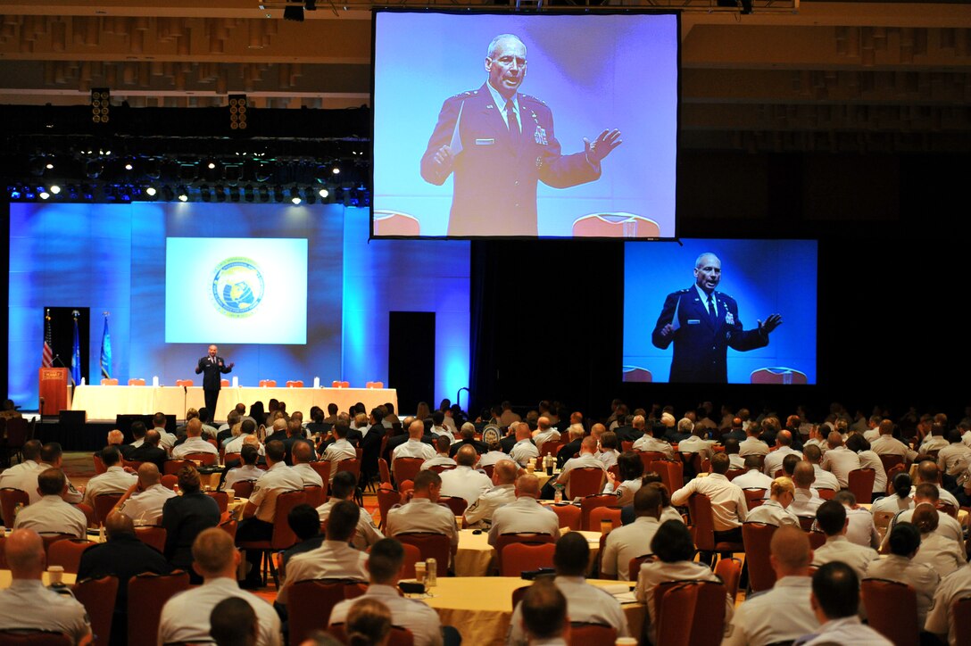 Lt. Gen. Jim Kowalski, the commander of Air Force Global Strike Command, speaks to Airmen about Global Strike Command and efforts to strengthen the nuclear enterprise July 26, 2011, at the Air Force Sergeants Association's Annual Professional Airmen's Conference in San Antonio. Some 600 Airmen participated in the event. (U.S. Air Force photo/Tech. Sgt. Rey Ramon)