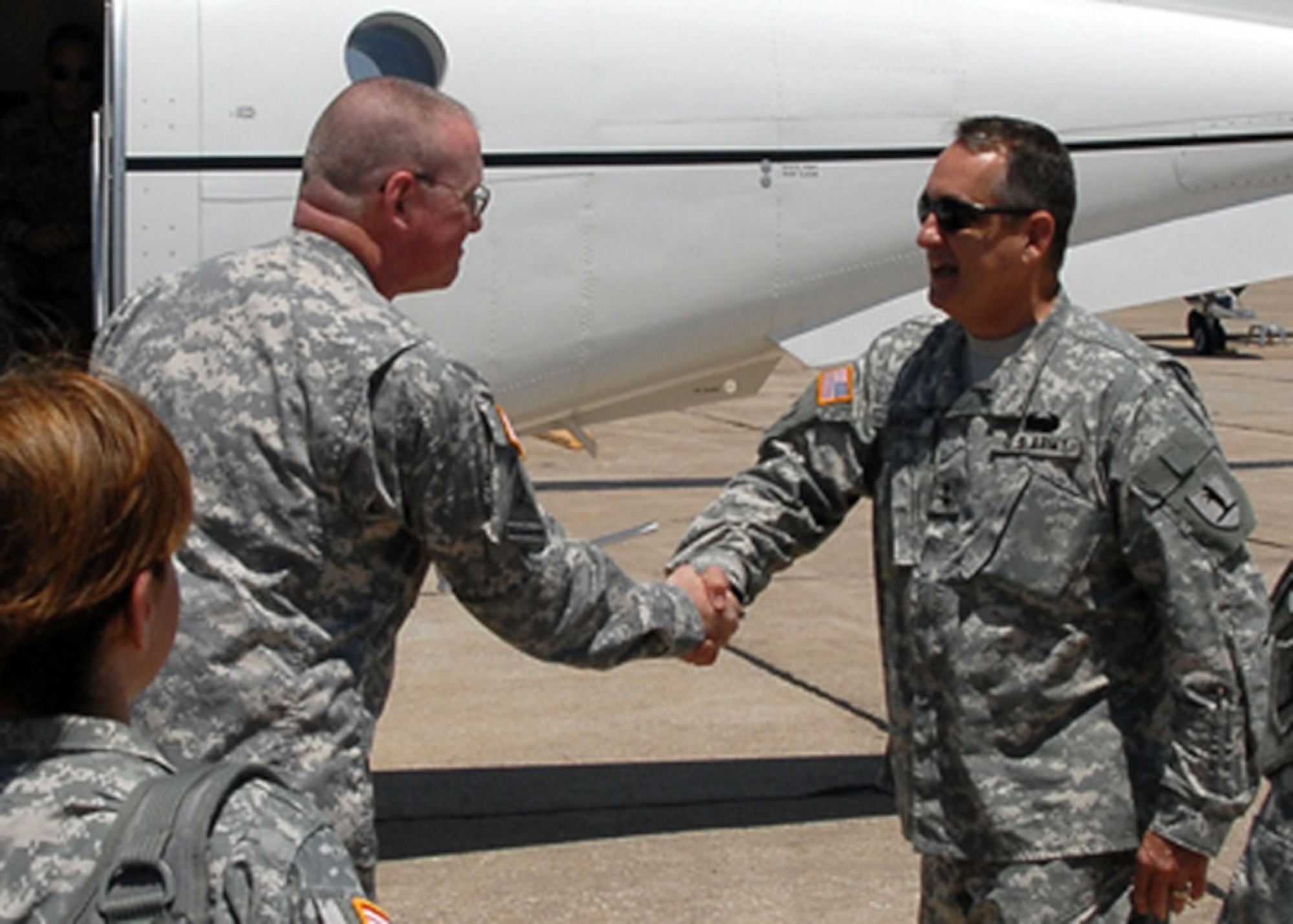 Maj. Gen. Stephen L. Danner, Adjutant General for the State of Missouri, arrives in Joplin, MO, to visit with COL William North, Task Force Phoenix Commander, and other leaders involved in local disaster recovery efforts after the May 22nd tornado which devastated the city.  (Photo by Technical Sgt. Robert Ayres)