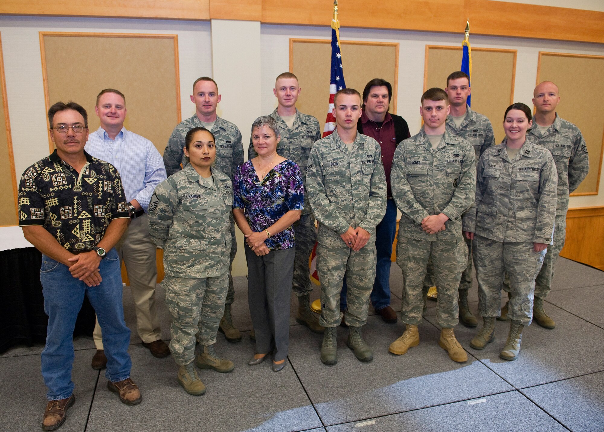 The following people were selected as the quarterly award winners for April 1- June 30 and were honored at a breakfast held at the Grizzly Bend July 19. Back row: Civilian Category I, Stephen Parker; Airman of the Quarter, Airman 1st Class Casey Lalonde; Professional Team of the Quarter, Flood Pump Representative Staff Sgt. Brandon Shell; Civilian Category II, Geoffrey Fallon; Dorm of the Quarter, Dorm 630 Representative Airman 1st Class Conner Barone; Non-commissioned officer of the Quarter, Staff Sgt. Jonathan Shields. Front row: Civilian Category I Supervisor, Gary Lum; Senior non-commissioned officer of the Quarter, Master Sgt. Liliana Zamora; Civilian Category II Supervisor, Chieko Steely; Honor Guard member of the Quarter, Airman 1st Class Brandon Biehn; Dorm of the Quarter, Dorm 630 Representative Airman 1st Class Cameron Jones; Company Grade Officer of the Quarter, Capt. Moira Tracy.  (U.S. Air Force Photo / Beau Wade)