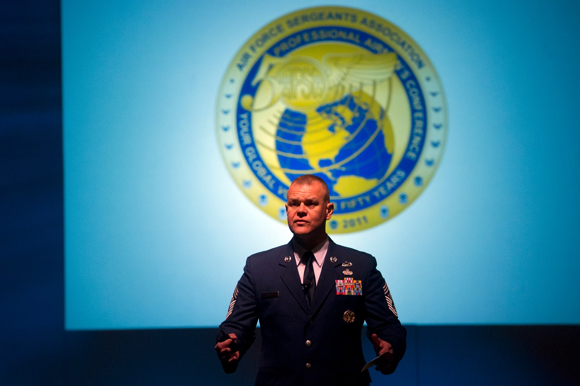 Chief Master Sgt. of the Air Force James A. Roy speaks July 25, 2011, at the Air Force Sergeants Association's Professional Airmen's Conference in San Antonio. The event marked the 50th anniversary of the association. (U.S. Air Force photo/Staff Sgt. Vernon Young Jr.)
