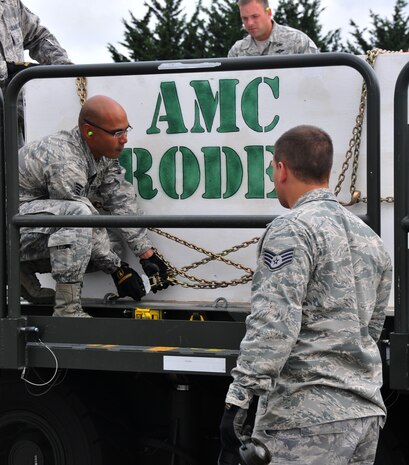 Airmen inspect a Halvorsen loader, July 26, 2011, at Joint Base Lewis-McChord, Wash., during a 25K loader driving course. The event was part of Air Mobility Rodeo 2011, a biennial international competition that focuses on mission readiness, featuring airdrops, aerial refueling and other events that showcase the skills of mobility crews from around the world. (U.S. Air Force photo/Airman 1st Class Jared Trimarchi) 
