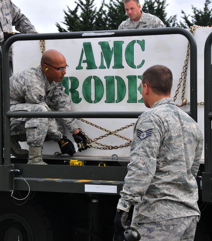Airmen inspect a Halvorsen loader, July 26, 2011, at Joint Base Lewis-McChord, Wash., during a 25K loader driving course. The event was part of Air Mobility Rodeo 2011, a biennial international competition that focuses on mission readiness, featuring airdrops, aerial refueling and other events that showcase the skills of mobility crews from around the world. (U.S. Air Force photo/Airman 1st Class Jared Trimarchi) 
