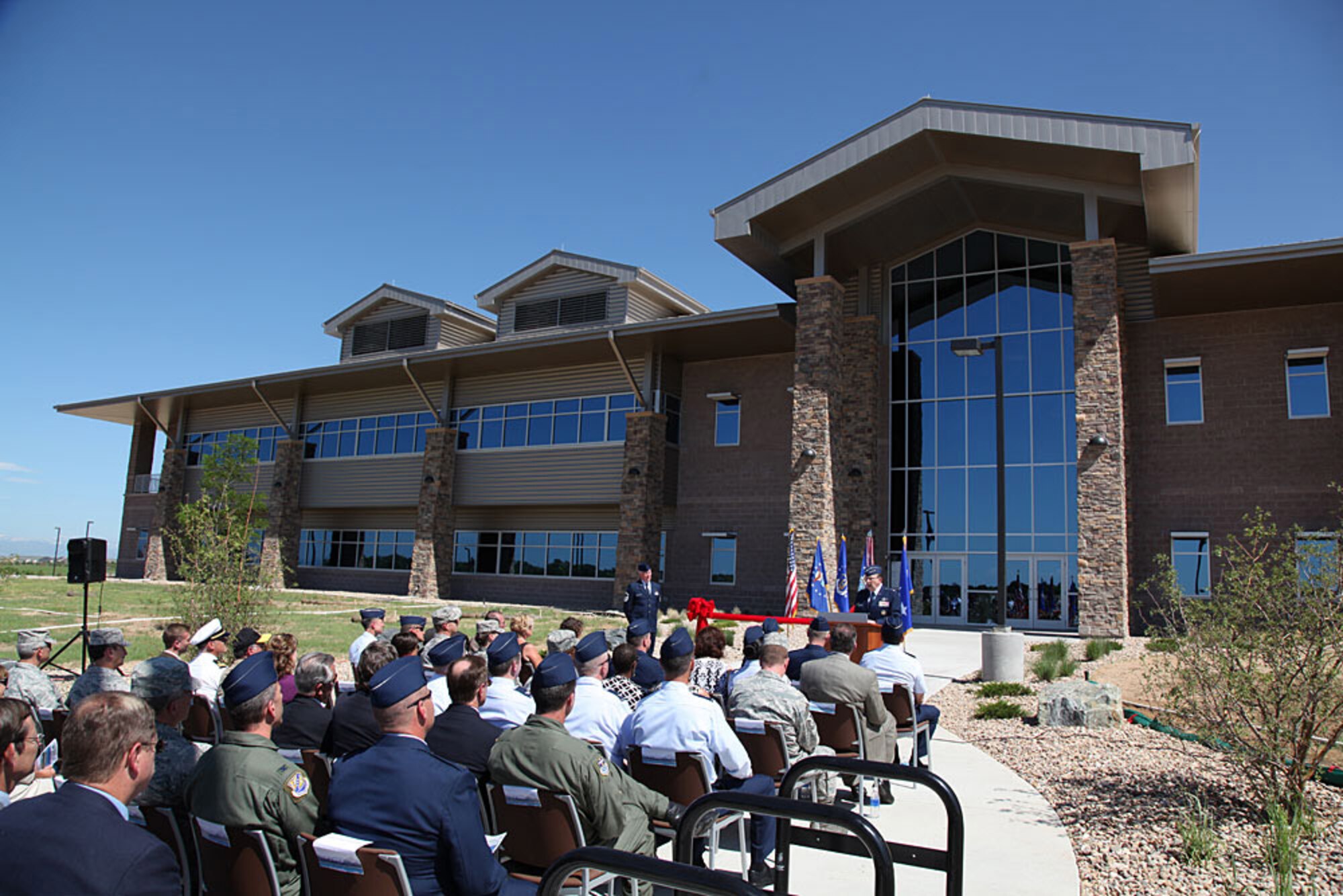 Lt. Gen. Charles E. Stenner Jr., commander of Air Force Reserve Command, speaks at the ceremony for the new Air Reserve Personnel Center at Buckley Air Force Base, Colo., July 19. The 80,000-square foot facility costs $17 million. The new personnel center is the first large-scale green facility in Air Force Reserve Command. (U.S. Air Force photo/Quinn Jacobson)