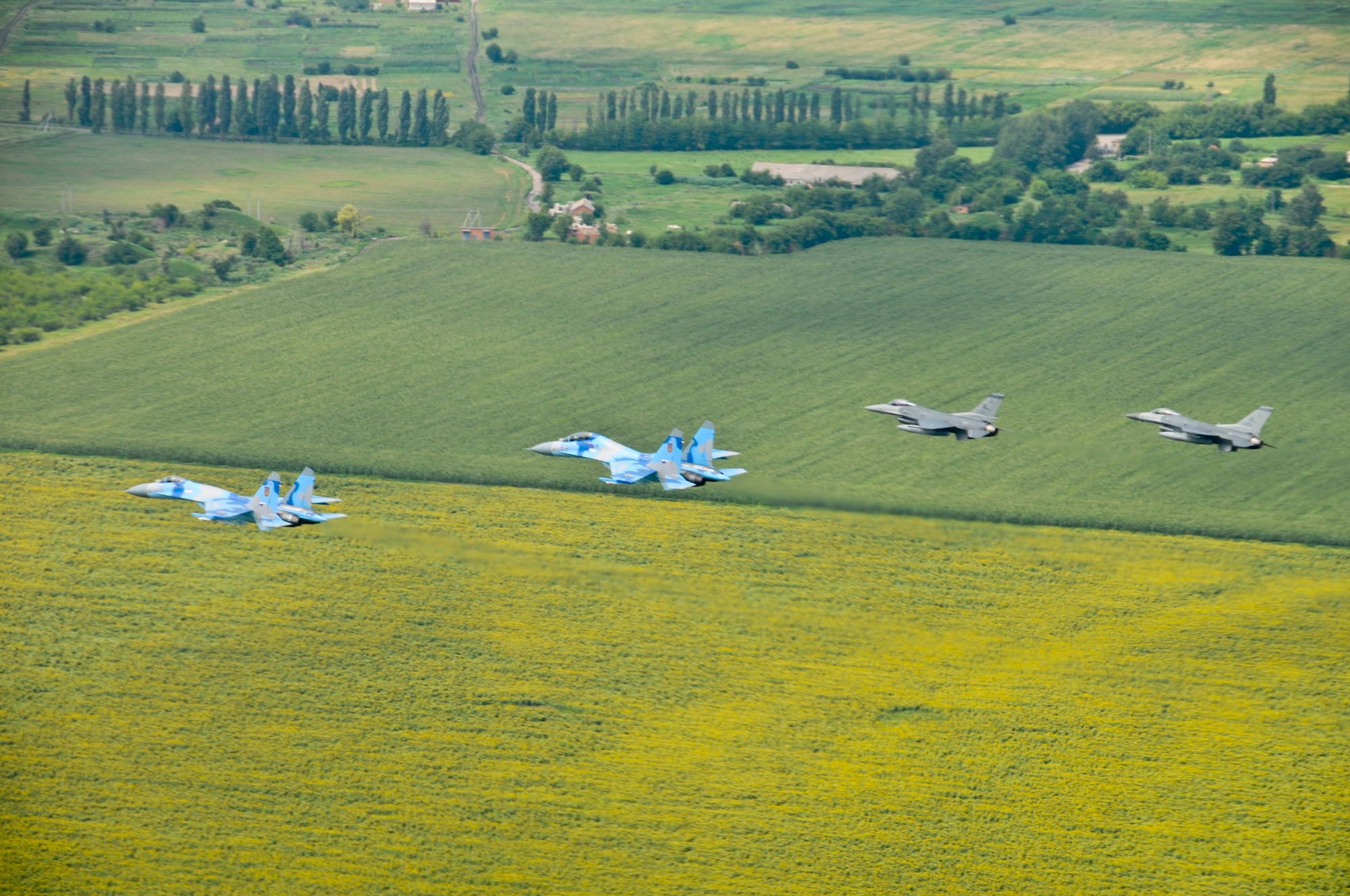 Ukraine SU-27s fly with Alabama Air National Guard F-16 Fighting Falcons over Ukranian sunflower fields during SAFE SKIES 2011.  SAFE SKIES 2011 is a military-to-military exchange between airmen from the U.S., Ukraine and Poland to enhance airspace security over the Ukraine and Poland in preparation for EURO 2012, the European soccer championship games. (U. S. Air Force photo/Tech. Sgt. Charles Vaughn)