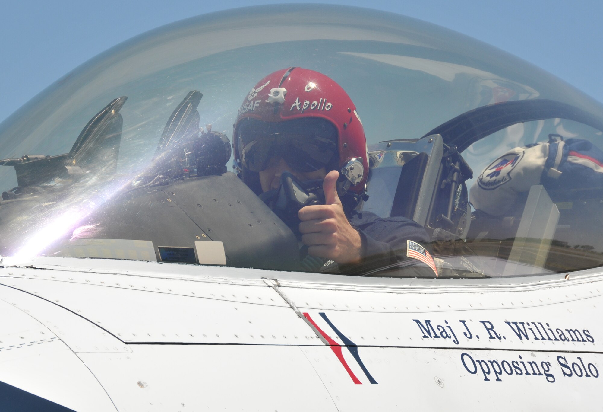 TRAVIS AIR FORCE BASE, Calif. --Maj J. R. Williams, commander of The Thunderbirds aircraft number six, gives the ‘Thumbs-up’ after landing here in preparation for the air show scheduled at Travis. The Air Force precision flying team was the air shows main event held  at the base on  the 30th and 31st of July. (U.S. Air Force photo/Master Sgt. Robert Wade)