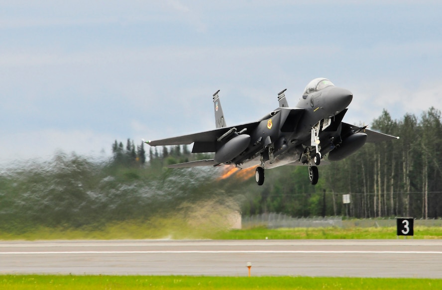 A Republic of Singapore Air Force F-15SG Strike Eagle launches from the runway during RED FLAG-Alaska 11-2 July 19, 2011, Eielson Air Force Base, Alaska.  RF-A allows participating units to exchange tactics, techniques and procedures as well as improve interoperability.  The 428th Fighter Squadron is a U.S.-based Foreign Military Squadron from the 366th Fighter Wing at Mountain Home Air Force Base, Idaho. (U.S. Air Force photo/Staff Sgt. Miguel Lara III)
