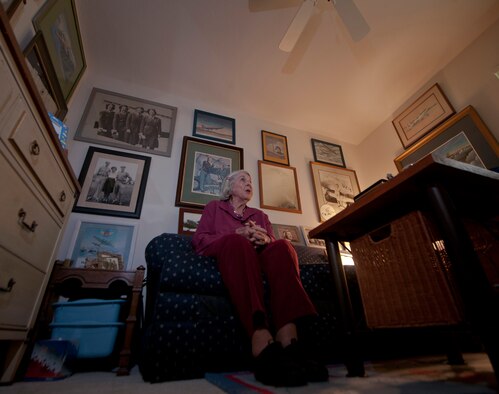 Barry Smith, Women’s Airforce Service Pilot, sits on a couch in her aviation room during an interview about her life story at Sebring, Fla., July 20, 2011. Barry’s journey started in Chittenango, N.Y., where she lived with her parents and worked at a telephone company for $25 a week in 1942. (U.S. Air Force photo by Airman 1st Class Joshua Green)