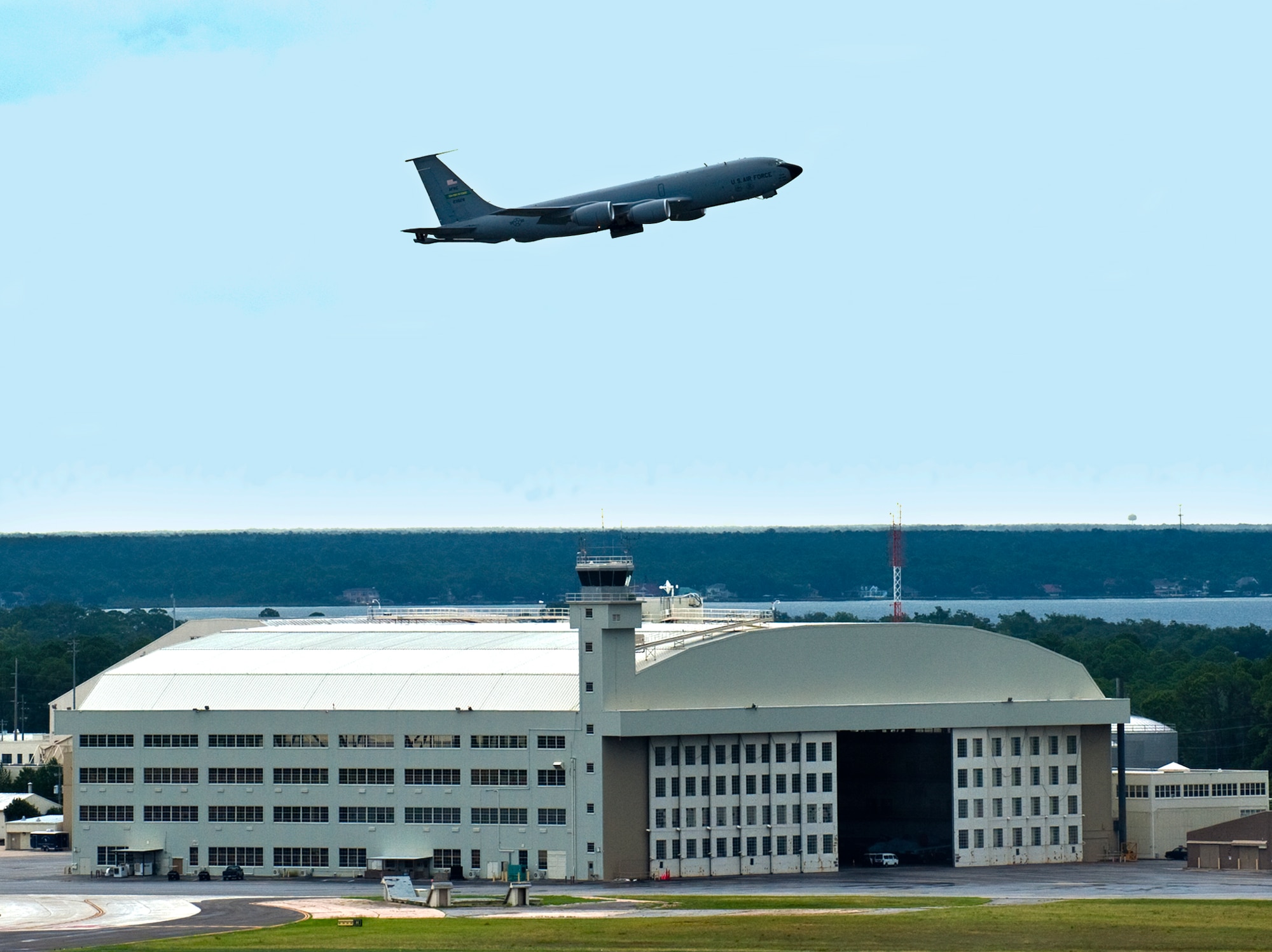 An Air Force Reserve KC-135 Stratotanker lifts off from Eglin Air Force Base, Fla., for a refueling mission July 22.  This is just one of the many transient aircraft that visit Eglin daily.  (U.S. Air Force photo/Samuel King Jr.)