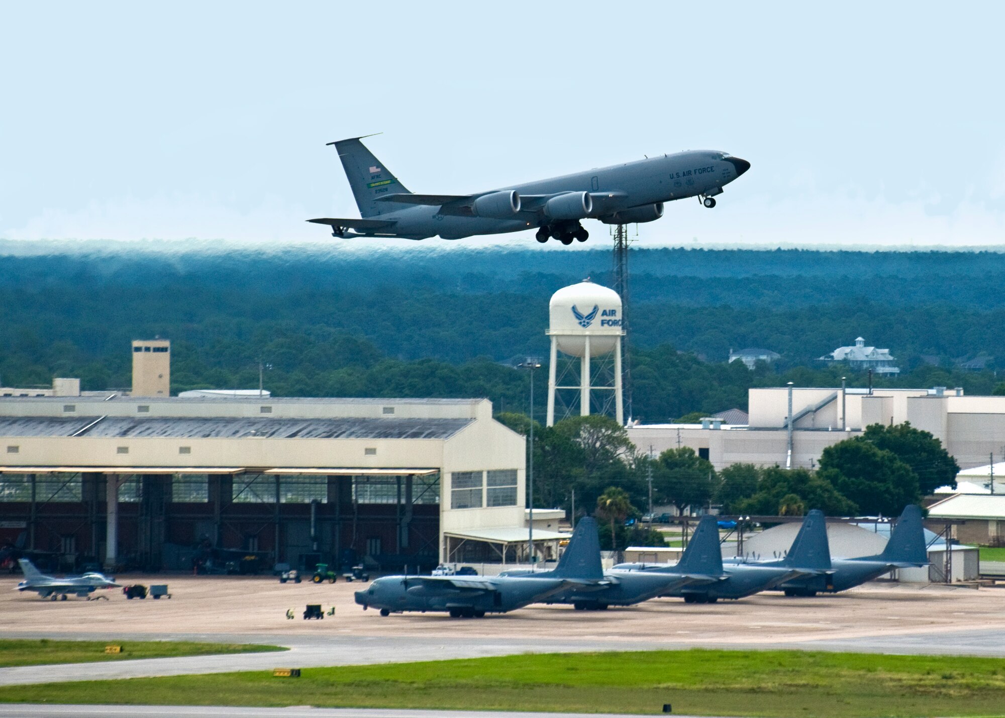 An Air Force Reserve KC-135 Stratotanker lifts off from Eglin Air Force Base, Fla., for a refueling mission July 22.  This is just one of the many transient aircraft that visit Eglin daily.  (U.S. Air Force photo/Samuel King Jr.)