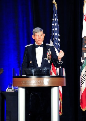 Air Force Chief of Staff Gen. Norton Schwartz addresses the audience at the NAACP’s Annual Armed Services and Veterans Affairs Awards Dinner held in Los Angeles on July 26, 2011. The banquet was one of several events held in conjunction with the National Association for the Advancement of Colored People’s annual convention and coincided with the 63rd Anniversary of the executive order desegregating the military.  (U.S. Air Force photo/Lou Hernandez)