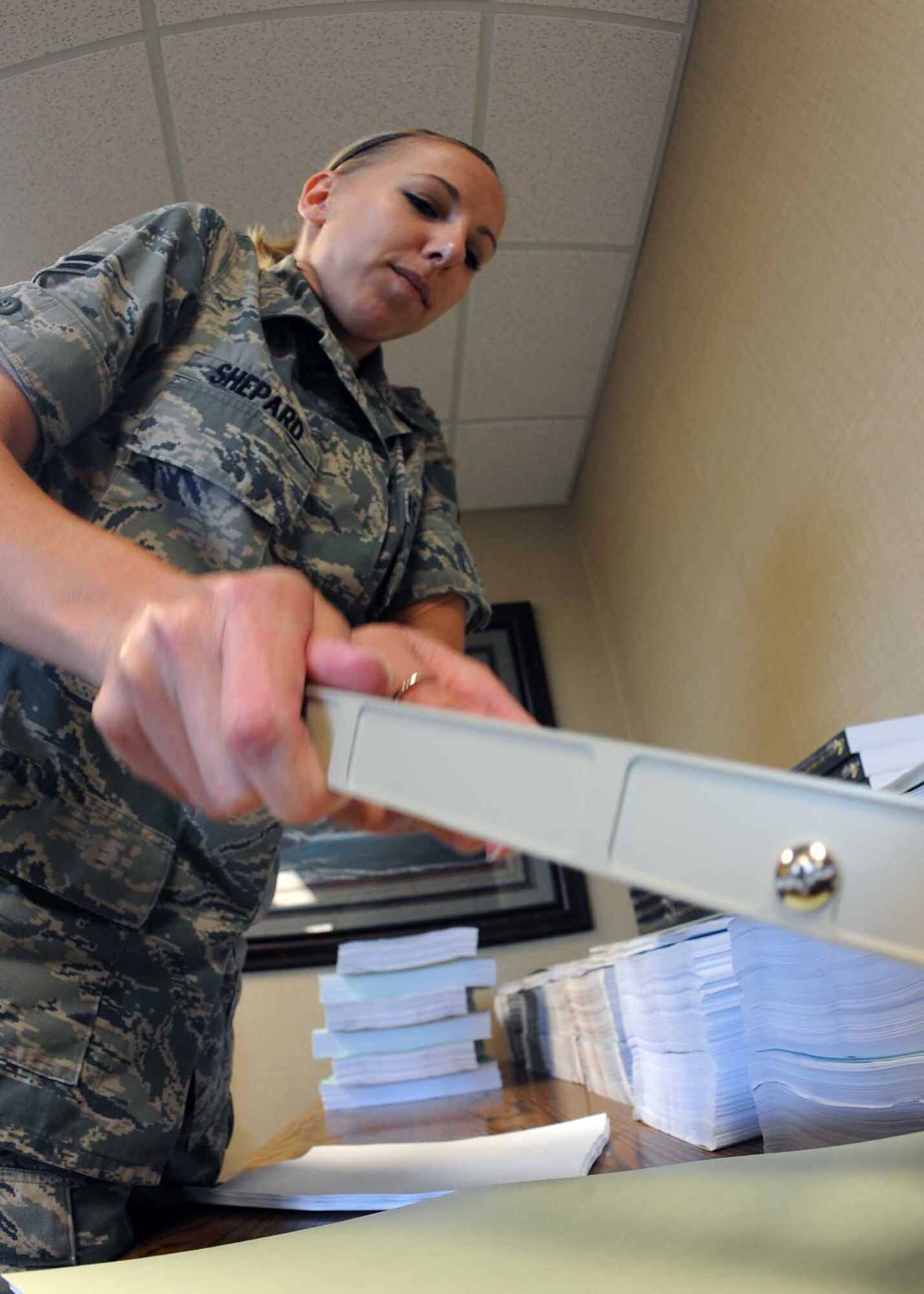 Airman 1st Class Bonnie Shepard, 319th Air Base Wing military justice paralegal, is the Warrior of the Week for July 28. Warrior of the Week recognizes everyday Airmen performing their every day jobs. (U.S. Air Force photo/Senior Airman Amber Bennett)