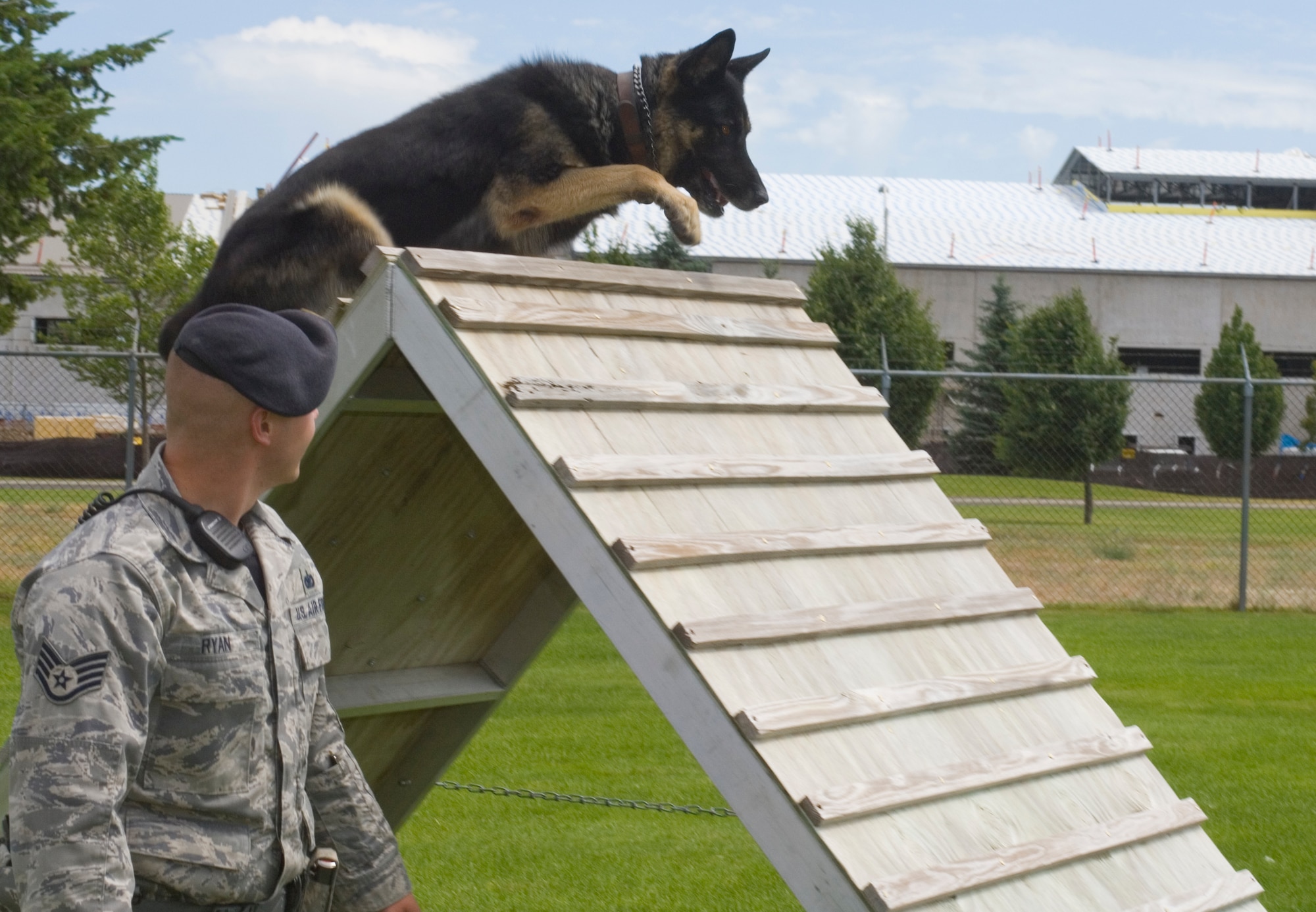Staff Sgt. Shawn Ryan, 92nd Security Forces military working dog handler, watches as Helena, 92nd Security Forces working dog, jumps over obstacles here July 14, 2011. The obstacle course is made up of several obstacles for the dogs to run, jump and balance on. (U.S. Air Force photo/ Senior Airman Natasha E. Stannard)
