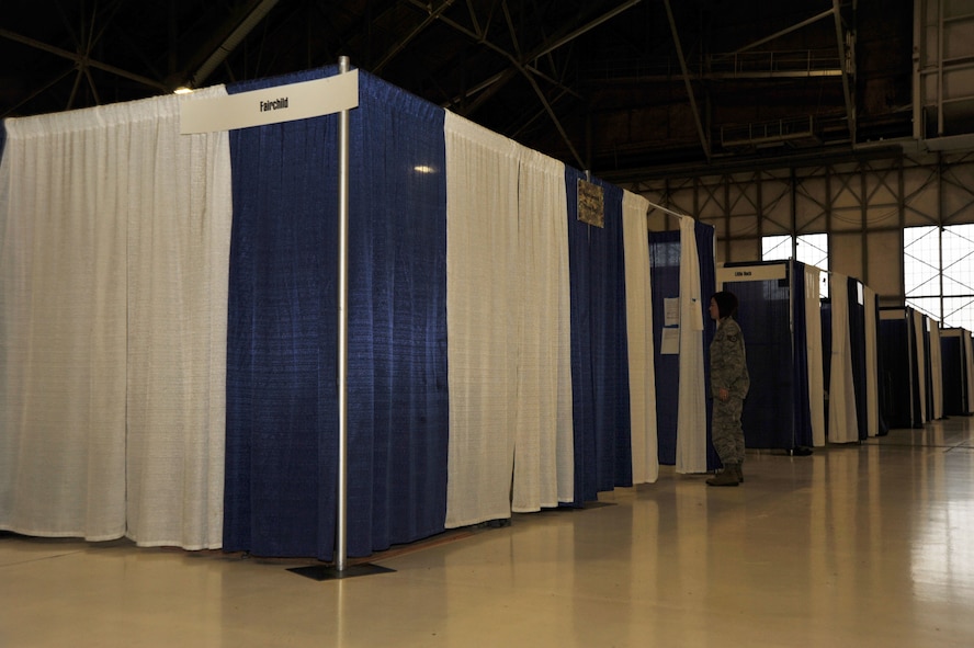 During the financial management competition Airmen had to set up shop in 11 different "tents," to simulate a "bare-bones" base environment July 25, 2011, at Joint Base Lewis-McChord.  In addition to the job skills, the Airmen were tested on their basic military skills ncluding: self-aid and buddy care, the Airman’s Manual, chemical warfare, weapon assembly and fitness.  (U.S. Air Force photo/Senior Airman Abigail Klein)