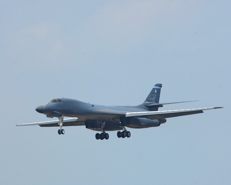 The B1b Lancer is the fastest bomber in United States Air Force fleet. It's four 30,000 lb afterburning turbofans can power the massive swing wing aircraft to mach 1.2 sea level. 
The B1b first flight took place in 1984 and the Lancer entered USAF inventory in 1986. (USAF photo by Ben Strasser)

