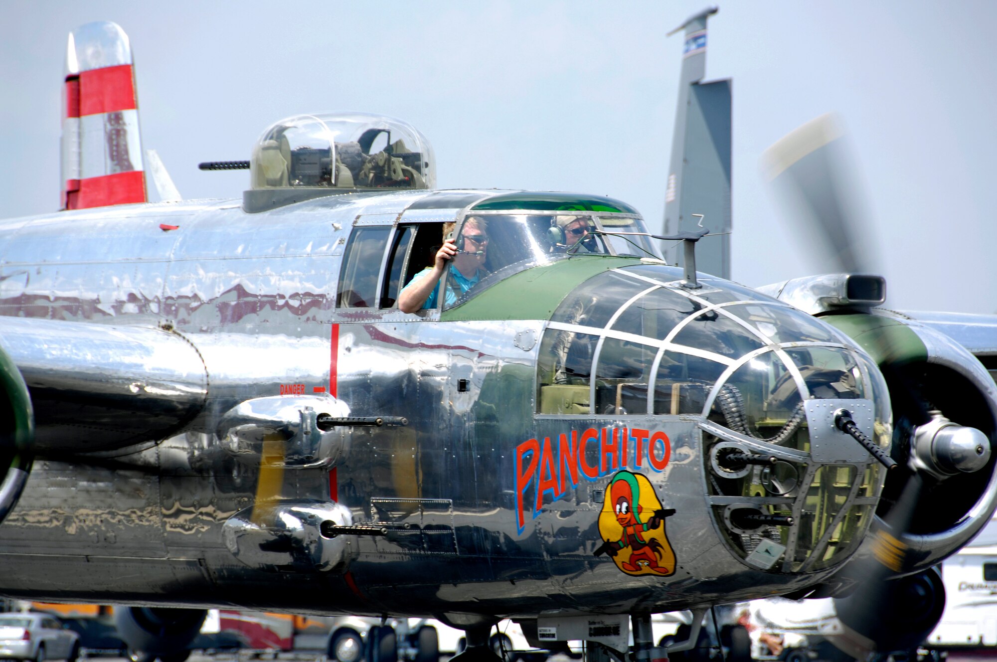 The B-25 "Panchito" was a crowd pleaser during the Dayton Air Show. On 18 April 1942, sixteen B-25B Mitchell bombers were launched from the U.S.N. aircraft carrier Hornet 600 miles off the coast of Japan for a daring bombing strike led by the legendary General Jimmy Dolittle. (USAF photo by Michelle Gigante)