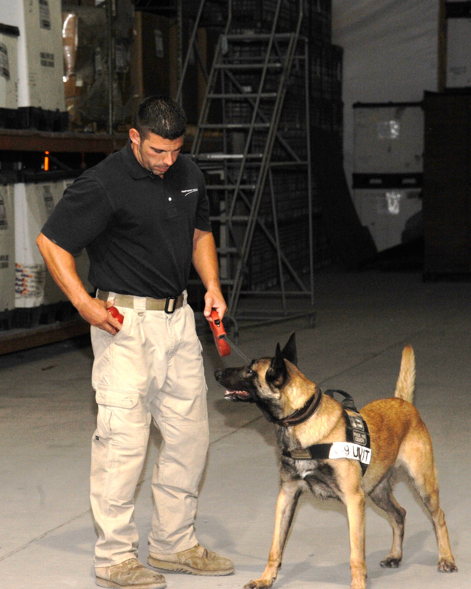 Joe Villalobos puts away Rex’s toy so the dog will continue to search the Expeditionary Theater Distribution Center during a proficiency training session at the Transit Center at Manas, Kyrgyzstan, July 28. After a military working dog finds a hidden explosive they are rewarded with a favorite toy. Rex, a Belgian Malinois mix, is a 2-year old military working dog. Villalobos is the 376th Expeditionary Security Forces Squadron MWD trainer. (U.S. Air Force photo/Tech. Sgt. Tammie Moore)