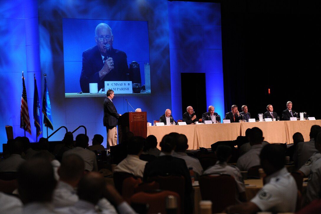 Sam Parish, the eighth chief master sergeant of the Air Force, along with other retired chief master sergeants of the Air Force, answer questions about Airmen leadership responsibilities and challenges facing the Air Force during the 50th Anniversary Air Force Sergeants Association Forum in San Antonio on July 27, 2011. (U.S. Air Force photo/Tech. Sgt. Rey Ramon)