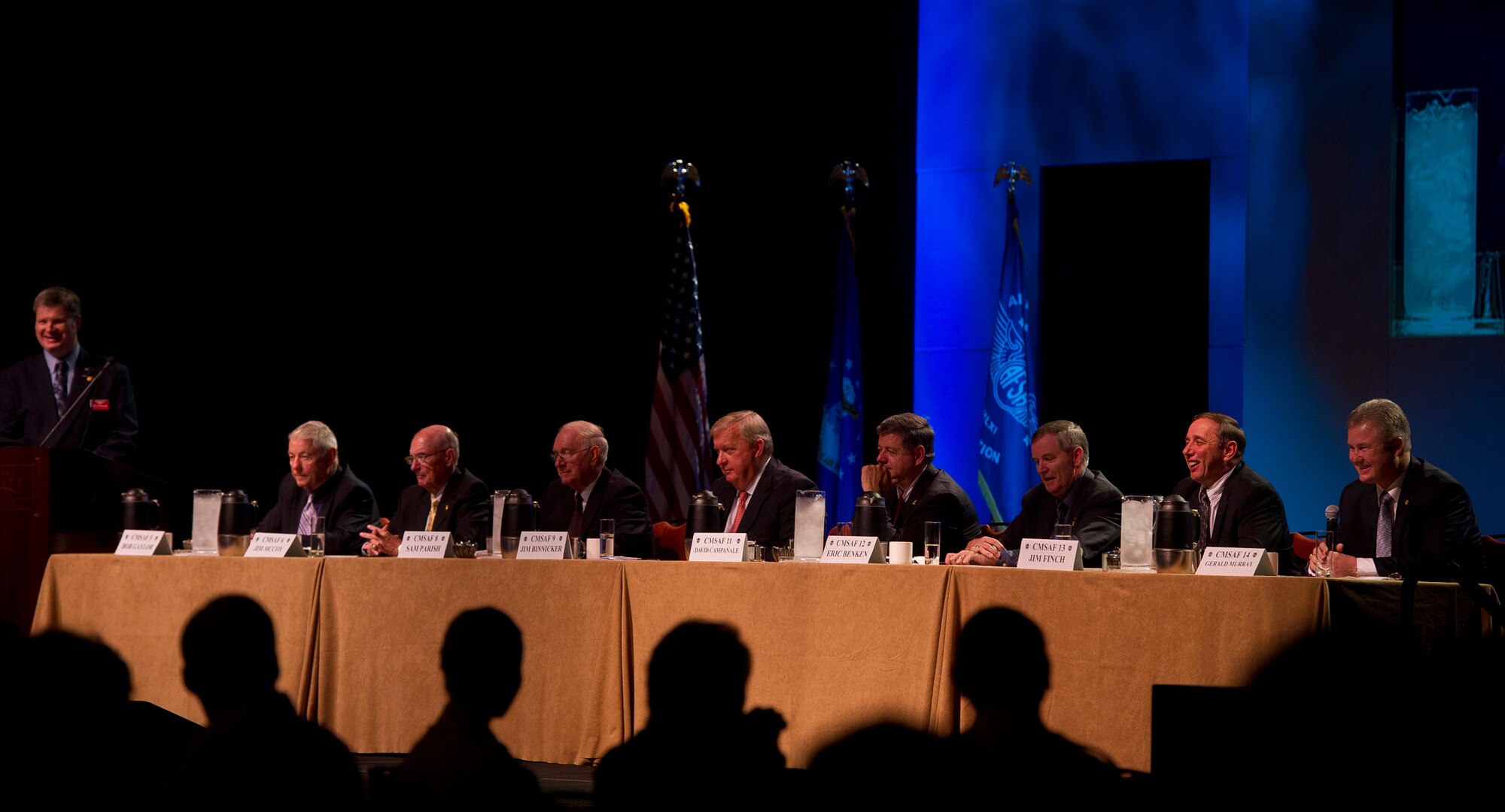 Former chief master sergeants of the Air Force answer questions about Airmen leadership responsibilities and challenges facing the Air Force during the 50th Anniversary Air Force Sergeants Association Forum in San Antonio on July 27, 2011.  Airmen and civilians gathered at the five-day forum to discuss Air Force priorities and contributions to national defense.  (U.S. Air Force photo/Staff Sgt. Vernon Young Jr.)