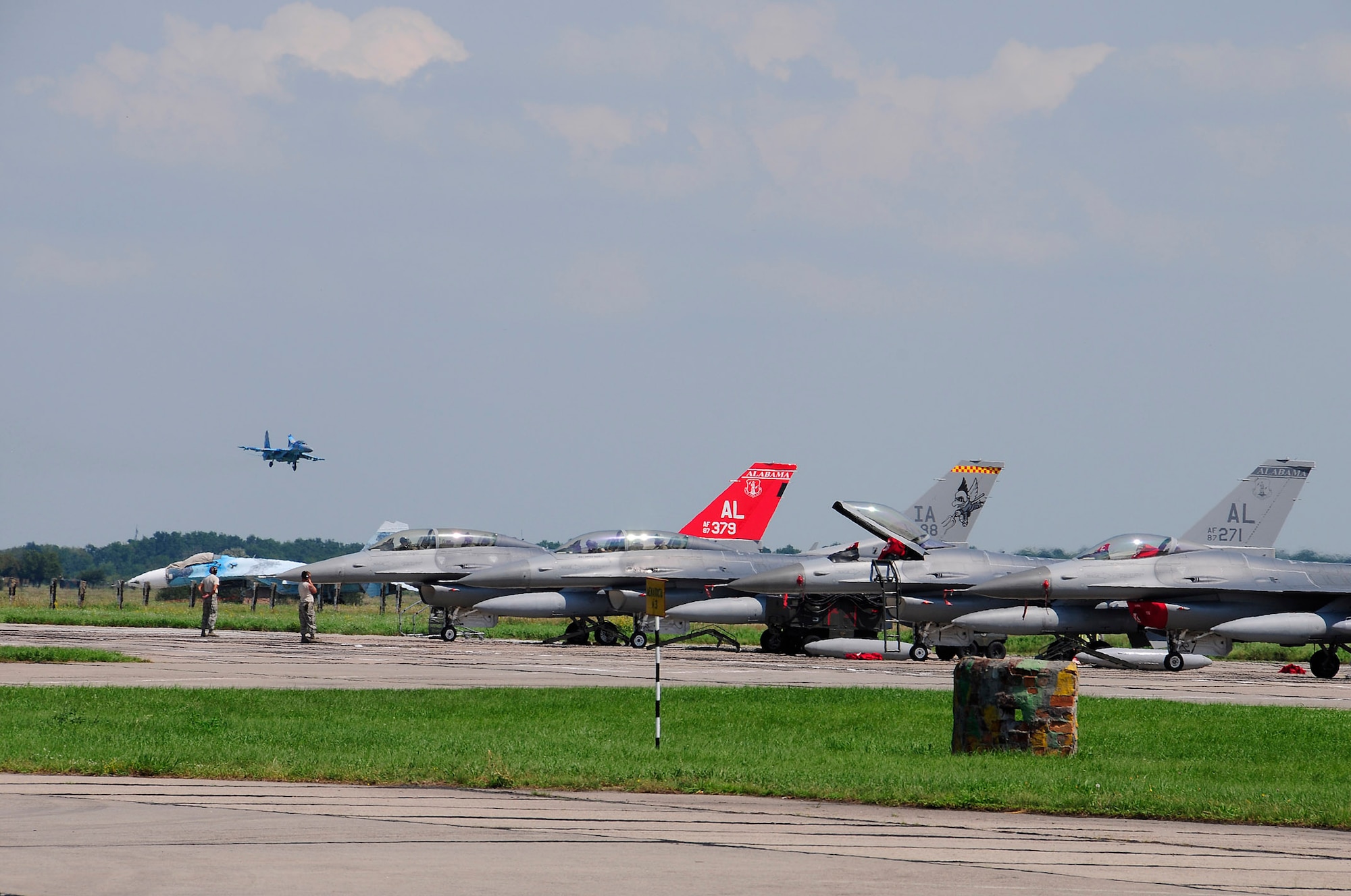 An Ukrainian SU-27 returns to Mirgorod Air Base, Ukraine, July 28, 2011, from the final air intercept mission during SAFE SKIES 2011.  SAFE SKIES is a multinational aerial event designed to provide a unique opportunity for Ukrainian, Polish and American air forces to fly together to help prepare the Polish and Ukrainians for enhanced air supremacy and air sovereignty operations.   (U.S. Air Force photo/Tech. Sgt. Charles Vaughn)