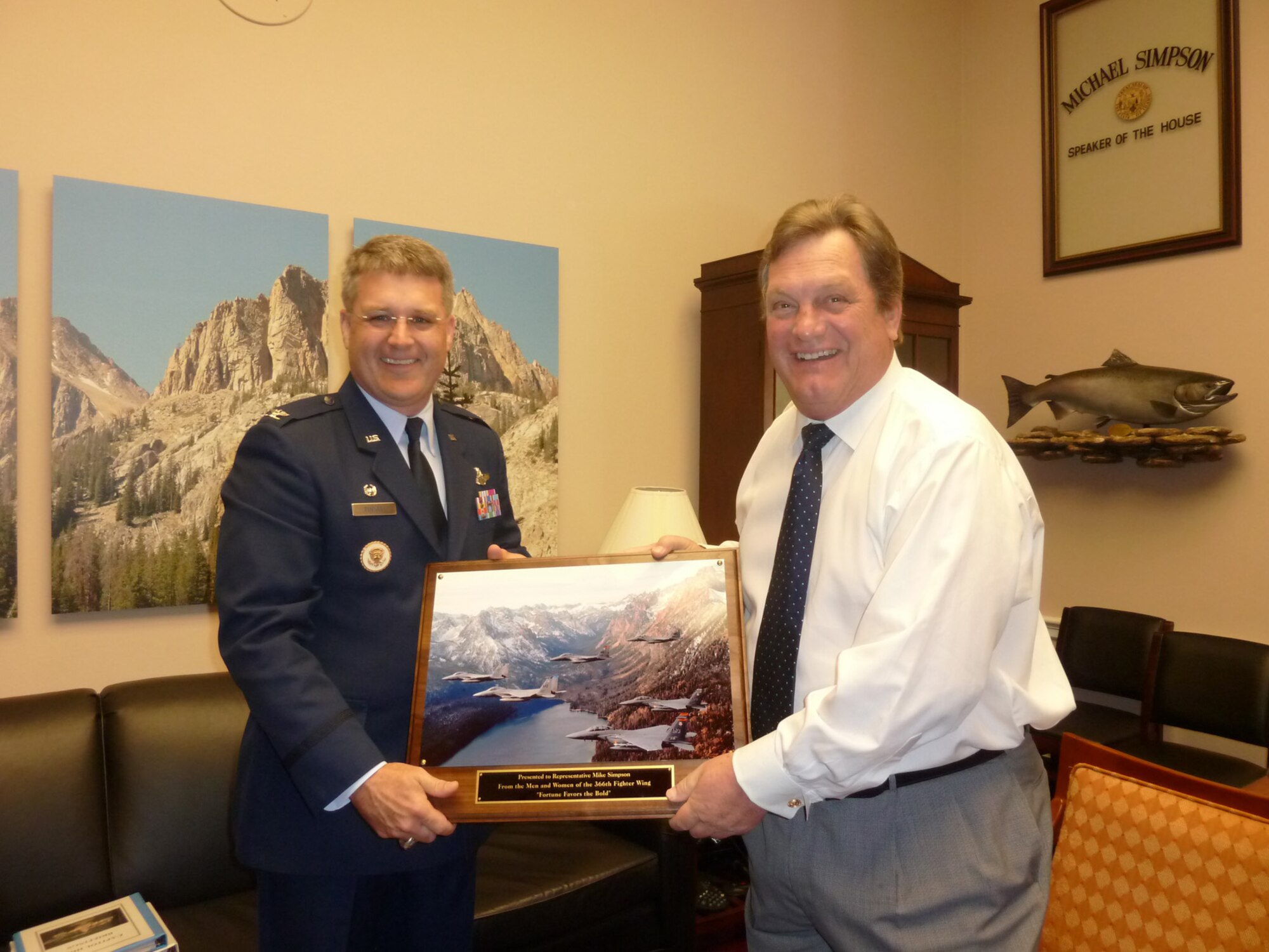 WASHINGTON, D.C. – Col. Ron Buckley, 366th Fighter Wing commander, presents Idaho Congressman Mike Simpson with a token of his appreciation July 14. Colonel Buckley wanted to show his appreciation for the support he and his staffers have provided to us on Capitol Hill. (Courtesy photo)
