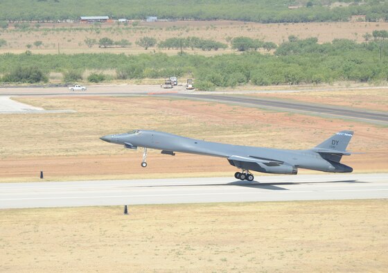 The 7th Operations Support Squadron Global Strike Challenge team takes off in a B-1Bomber July 28, 2011, from Dyess AFB, Texas. The 7th OSS is one of five teams representing Dyess AFB as Dyess tries to bring home the championship a second year in a row.  (U.S. Air Force photo by Tech. Sgt. Darcie L. Ibidapo/Released)