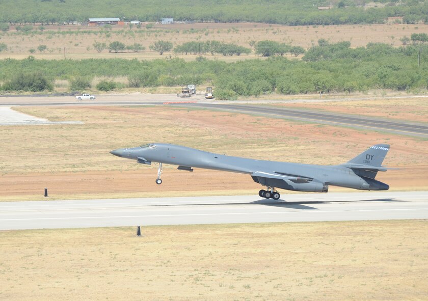 The 7th Operations Support Squadron Global Strike Challenge team takes off in a B-1Bomber July 28, 2011, from Dyess AFB, Texas. The 7th OSS is one of five teams representing Dyess AFB as Dyess tries to bring home the championship a second year in a row.  (U.S. Air Force photo by Tech. Sgt. Darcie L. Ibidapo/Released)