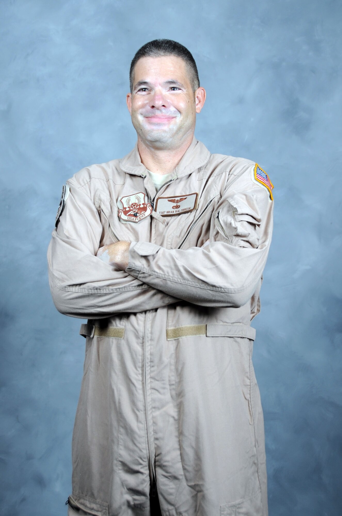 Tech. Sgt. Brian Bialobreski poses for a photo after completing his 300th combat sortie in the KC-10 at the 380th Air Expeditionary Wing in Southwest Asia, July 28, 2011. Bialobreski became a flight engineer in 2006. Since that time he has accumulated more than 2,500 combat flying hours and has completed 10 deployments. As a flight engineer, Bialobreski is responsible for monitoring aircraft systems and for routing fuel to the planes they are refueling. (U.S. Air Force photo/1st Lt. Gina Vaccaro McKeen