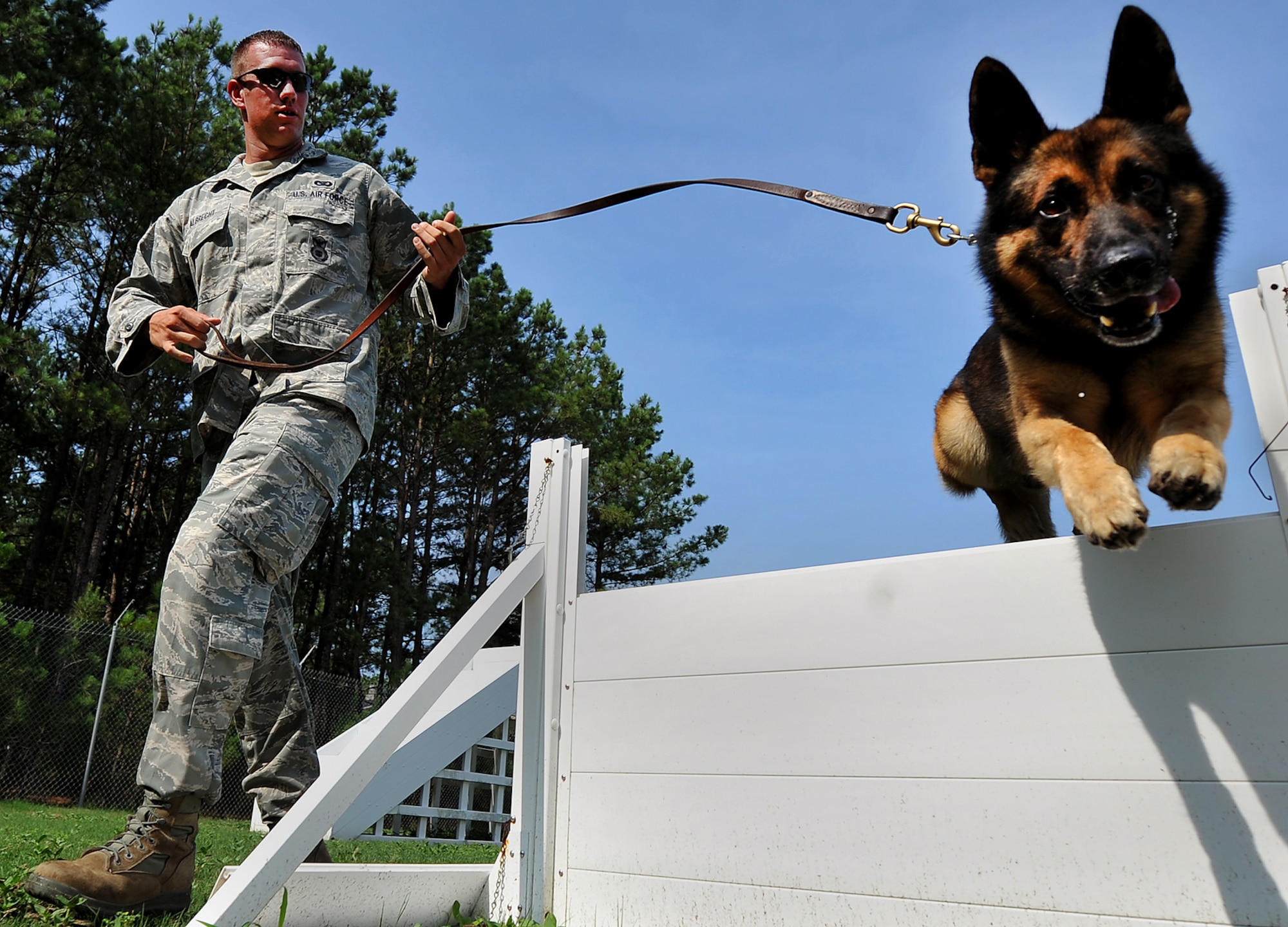 Staff Sgt. Jason Albrecht runs military working dog, Markey, through an obstacle course July 13, 2011, Shaw Air Force Base, S.C., during an obedience training session. Albrecht is a senior military working dog handler assigned to the 20th Security Forces Squadron, and Markey is a military working dog. (U.S. Air Force photo/Senior Airman Kenny Holston)
