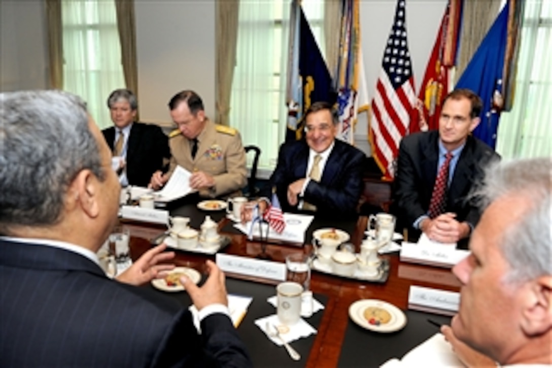 Secretary of Defense Leon E. Panetta (2nd from right) chairs bilateral security discussions in the Pentagon with Israeli Defense Minister Ehud Barak (left).  Other participants in the talks are, Principal Deputy Assistant Secretary of Defense for International Security Affairs Joe McMillan (2nd from left), Chairman of the Joint Chiefs of Staff Adm. Mike Mullen and Principal Deputy Under Secretary of Defense for Policy Jim Miller (right).  