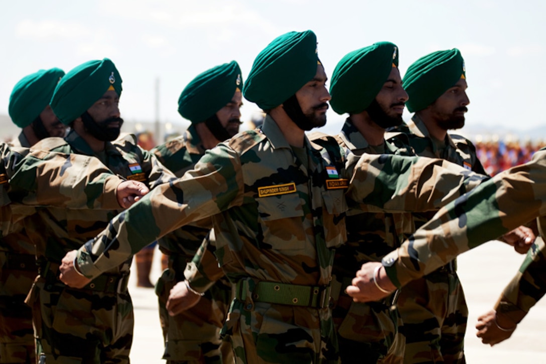 A platoon from 2nd Battalion, Sikh Regiment, Indian army, marches during a pass and review for delegates at the opening ceremony of Exercise Khaan Quest 2011 at Five Hills Training Area, Ulaanbaatar, Mongolia, July 31. Khaan Quest is a training exercise designed to strengthen the capabilities of U.S., Mongolian and other nation’s forces in international peace support operations worldwide.